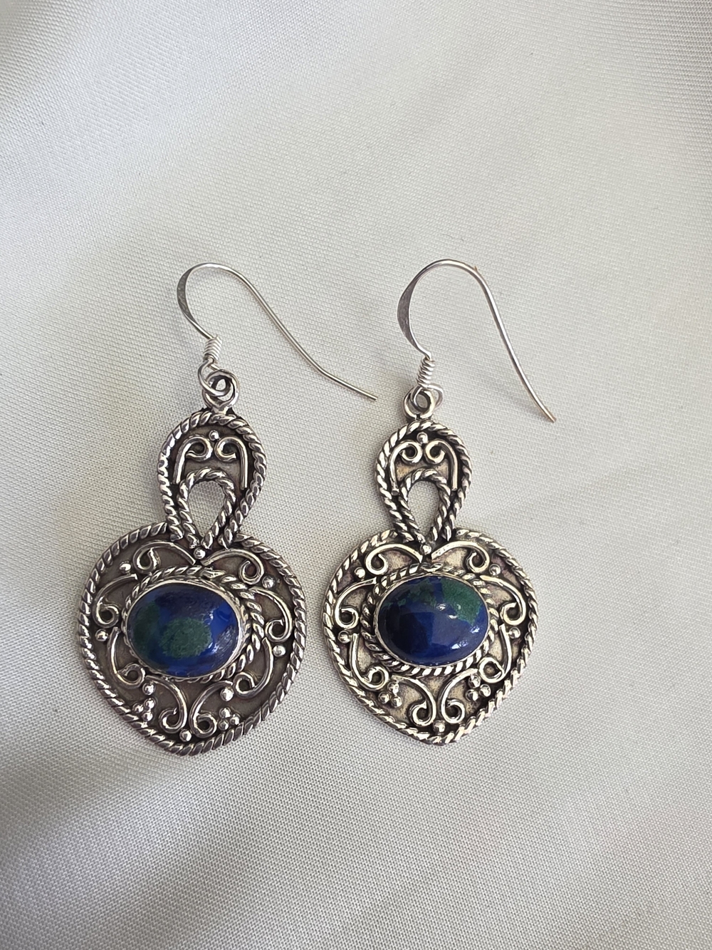 Azurite Malachite Cabochen Earrings With Filigree Design In Sterling Silver
